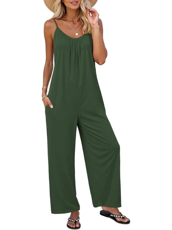 Pants - Women Army Green Casual Sleeveless Imported Spaghetti Strap Boho Wide Leg Romper